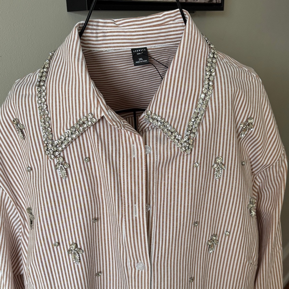 SHEIN Striped Embellished Button-Up Blouse